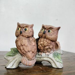 Ceramic 2 Owls on a Branch Figurine Bisque Porcelain